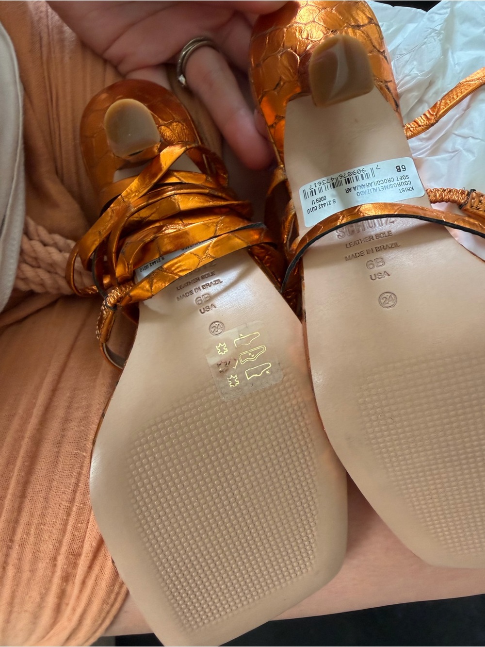 SCHUTZ Metallic Orange Strappy Square-Toe Sandals - Picture 5 of 7